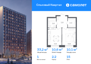1-комнатная квартира 33.2 м2, 15-й этаж