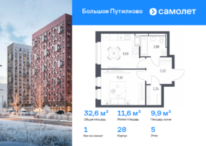 1-комнатная квартира 32.63 м2, 5-й этаж