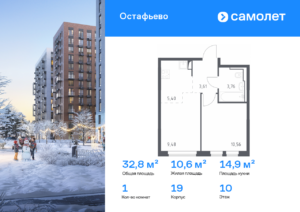 1-комнатная квартира 32.81 м2, 10-й этаж
