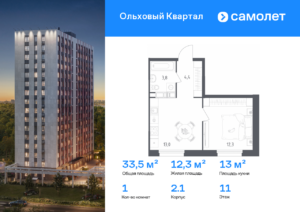 1-комнатная квартира 33.5 м2, 11-й этаж