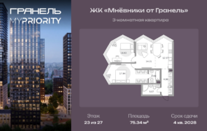 3-комнатные апартаменты 75 м2, 23-й этаж