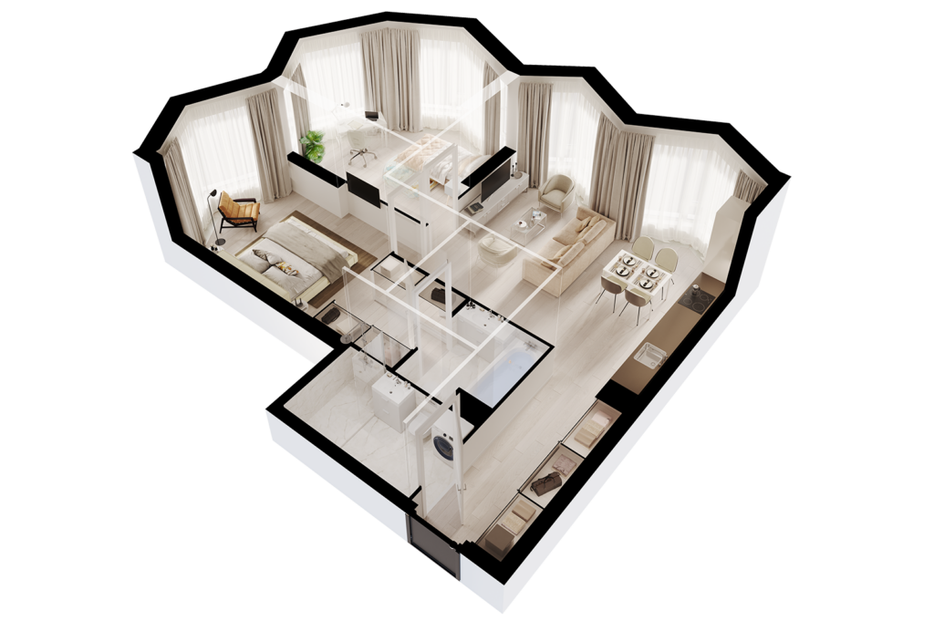 3-комнатные апартаменты 75 м2, 23-й этаж