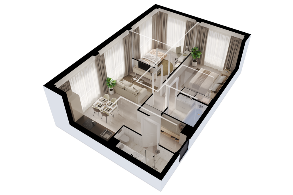2-комнатные апартаменты 55 м2, 6-й этаж