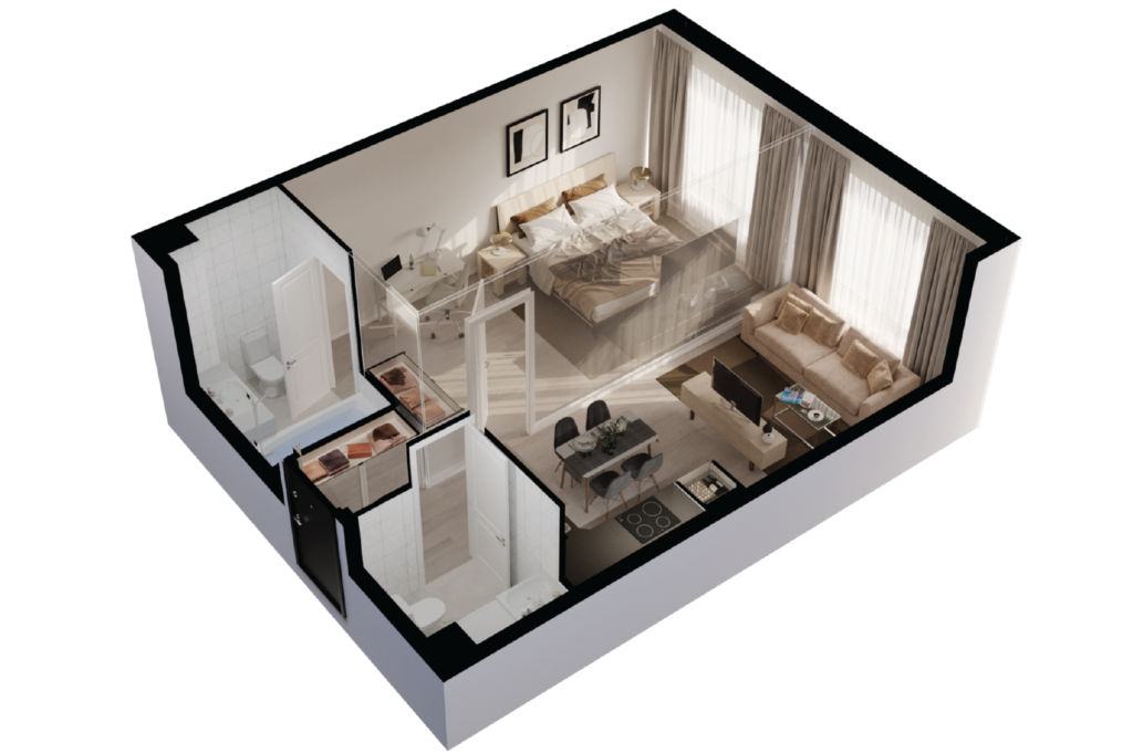 1-комнатные апартаменты 50 м2, 16-й этаж