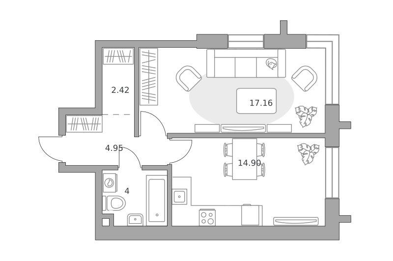 1-комнатные апартаменты 43 м2, 8-й этаж