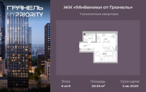 1-комнатные апартаменты 33 м2, 4-й этаж