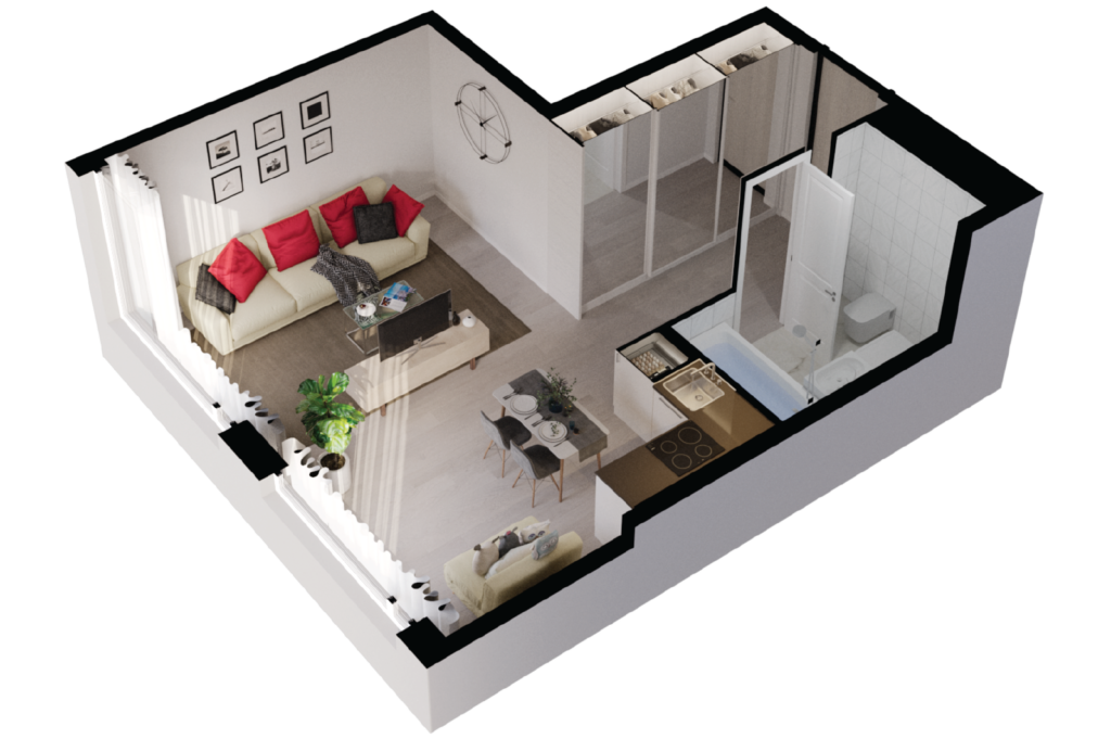 1-комнатные апартаменты 40 м2, 17-й этаж