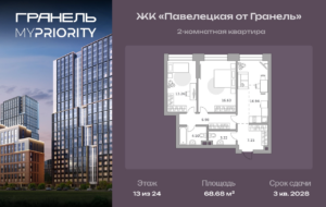 2-комнатные апартаменты 68 м2, 13-й этаж