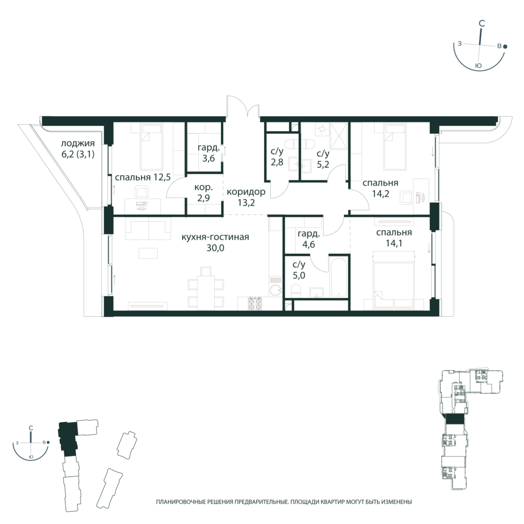 3-комнатная квартира 111.2 м2, 12-й этаж