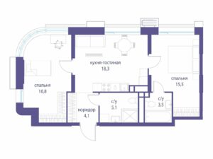 2-комнатная квартира 58.7 м2, 21-й этаж