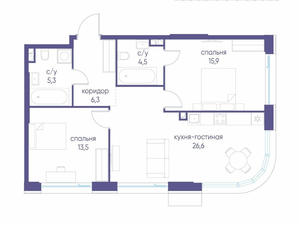 2-комнатная квартира 72.1 м2, 3-й этаж