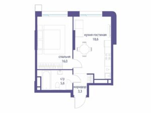 1-комнатная квартира 43.5 м2, 26-й этаж