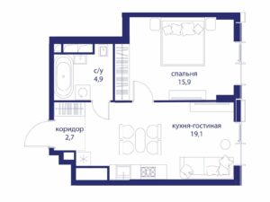 1-комнатная квартира 42.6 м2, 45-й этаж