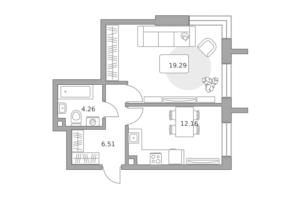 1-комнатные апартаменты 42 м2, 9-й этаж