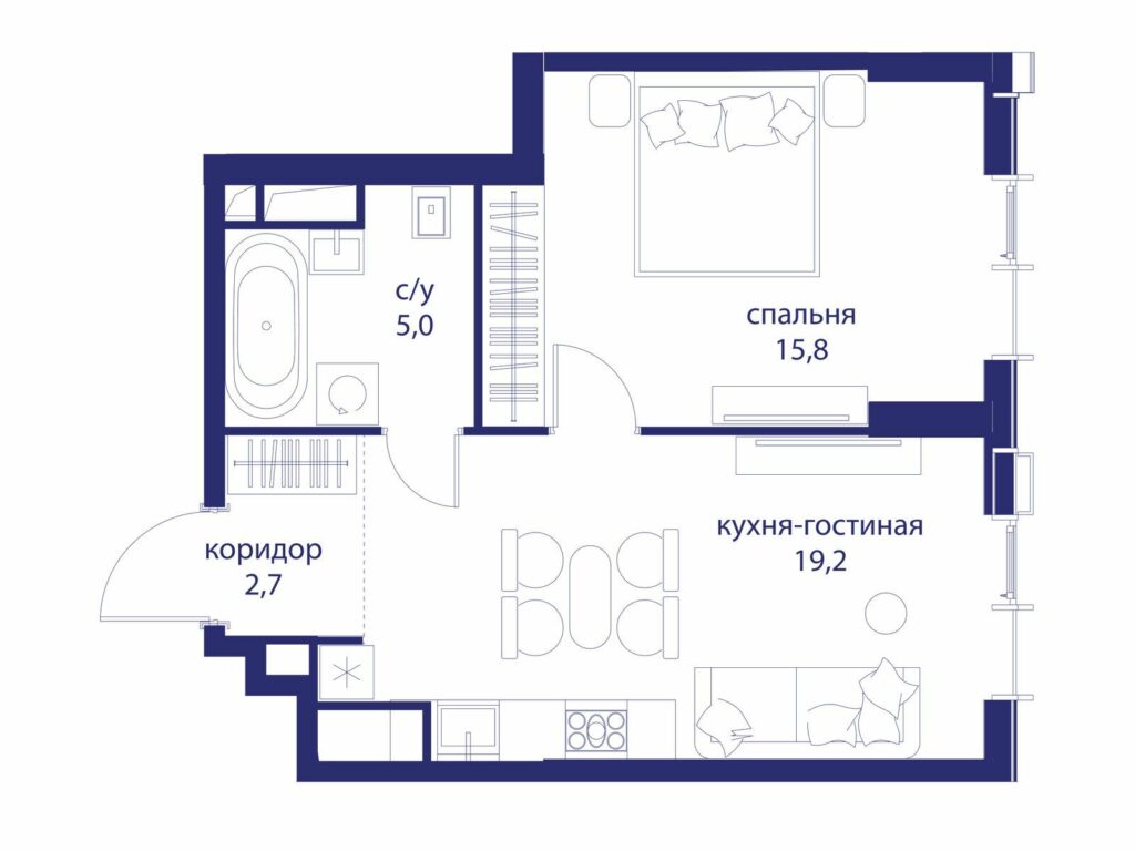 1-комнатная квартира 42.7 м2, 29-й этаж