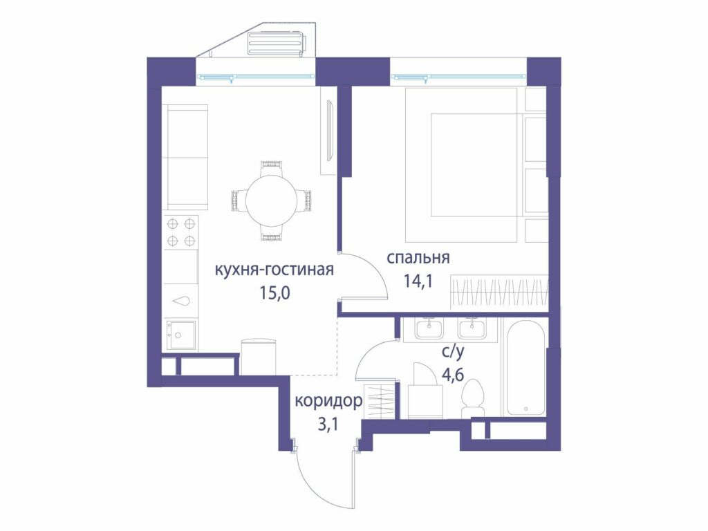 1-комнатная квартира 36.8 м2, 27-й этаж