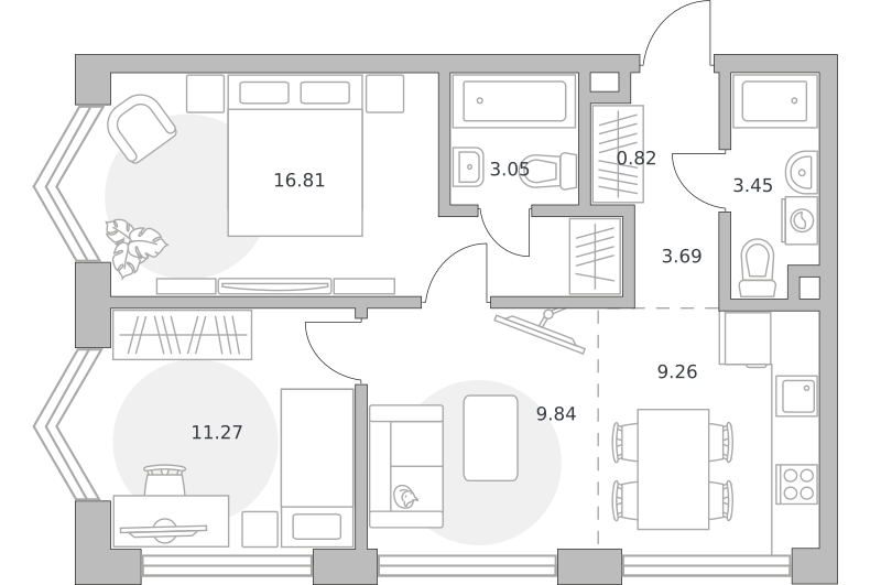 2-комнатные апартаменты 58 м2, 6-й этаж
