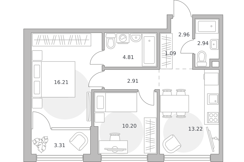 2-комнатные апартаменты 57 м2, 5-й этаж