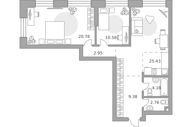 2-комнатные апартаменты 76 м2, 6-й этаж