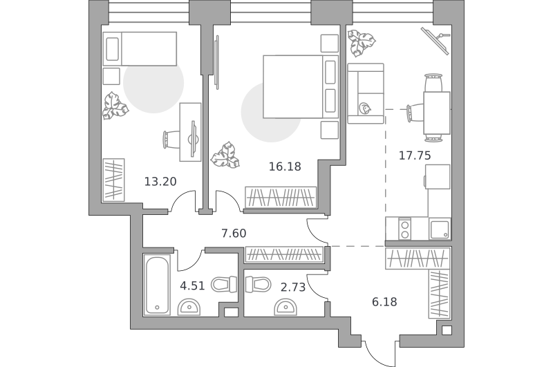 2-комнатные апартаменты 68 м2, 10-й этаж