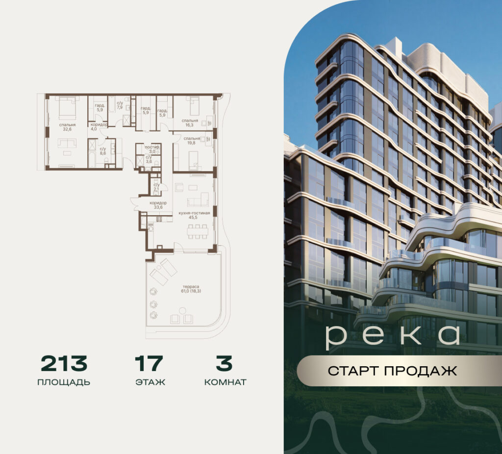 3-комнатная квартира 213 м2, 17-й этаж