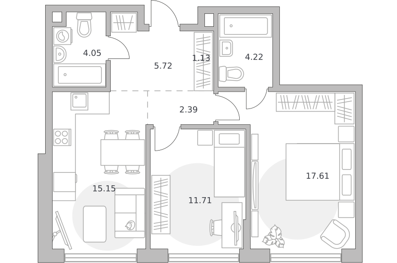 2-комнатные апартаменты 61 м2, 16-й этаж