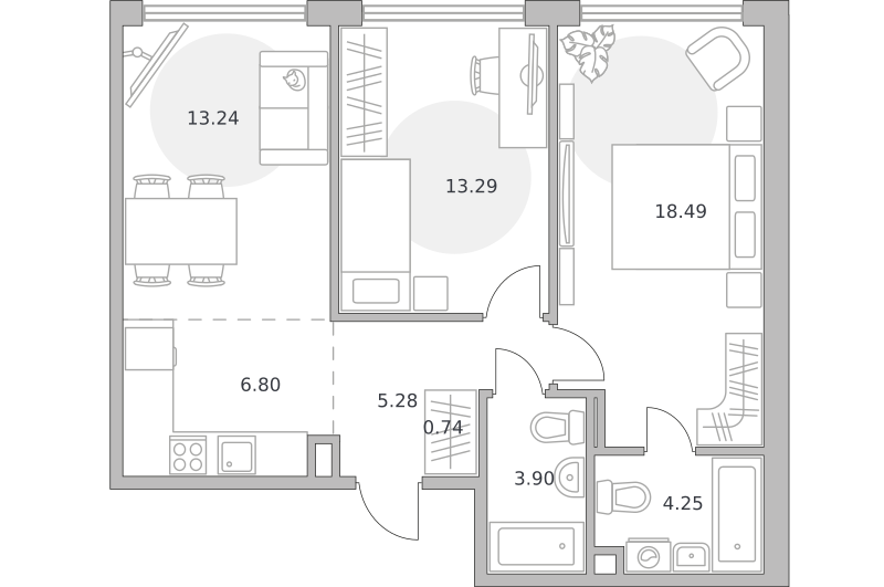 2-комнатные апартаменты 65 м2, 5-й этаж