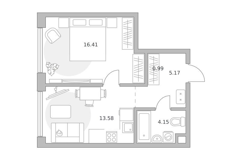 1-комнатные апартаменты 40 м2, 11-й этаж