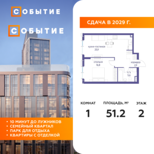 1-комнатная квартира 51.2 м2, 2-й этаж