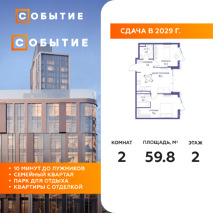 2-комнатная квартира 59.8 м2, 2-й этаж