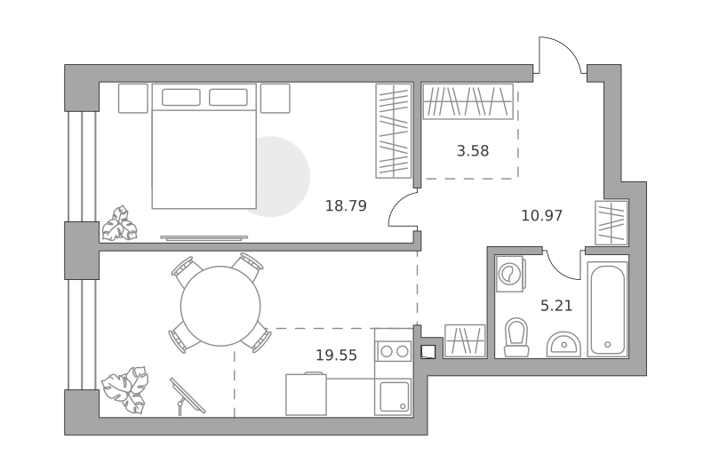 1-комнатные апартаменты 58 м2, 7-й этаж