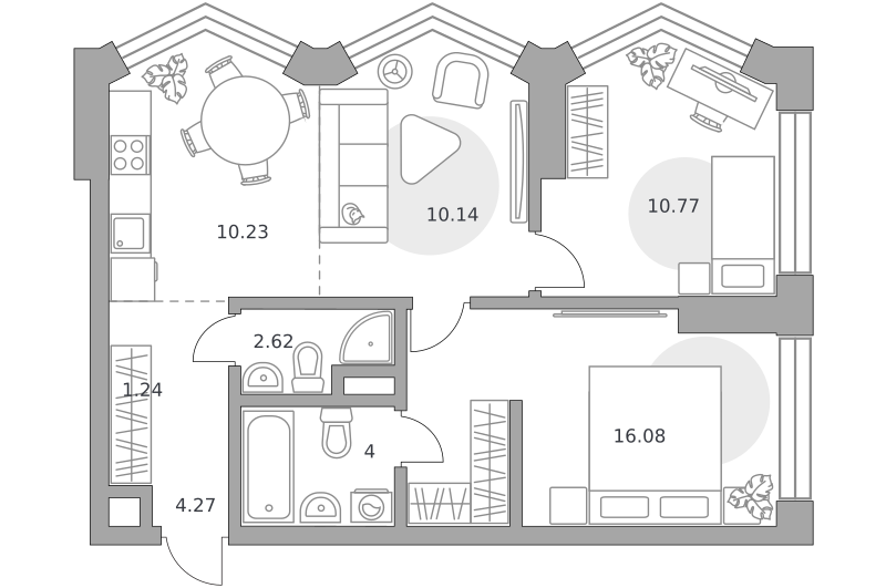 3-комнатные апартаменты 59 м2, 2-й этаж