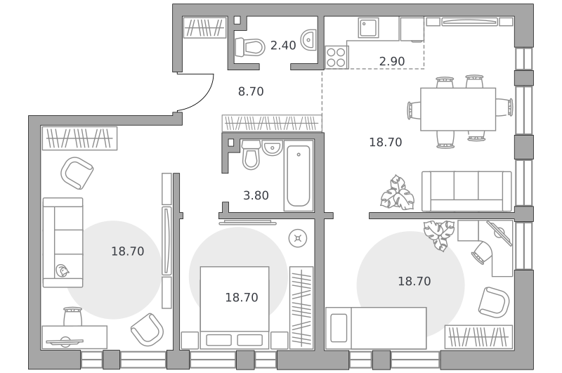 4-комнатные апартаменты 79 м2, 30-й этаж