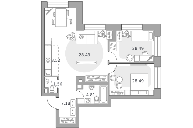 3-комнатные апартаменты 69 м2, 28-й этаж