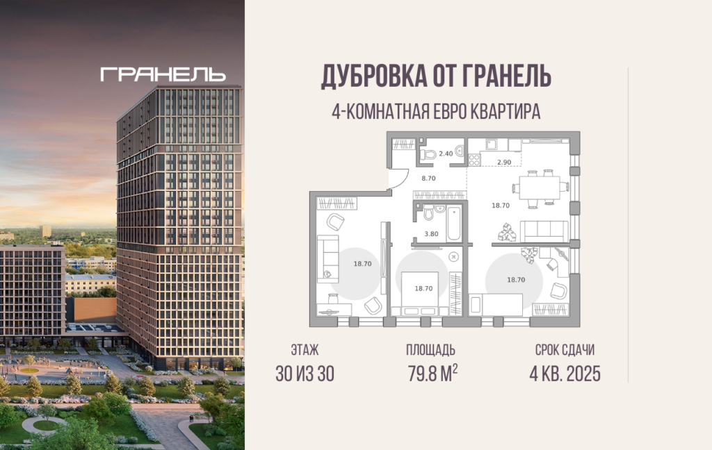 4-комнатные апартаменты 79 м2, 30-й этаж