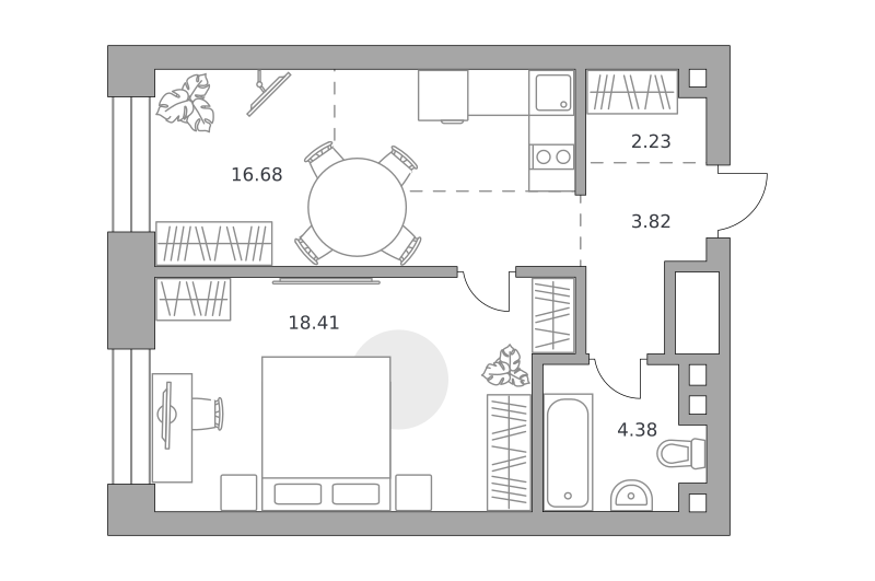 1-комнатные апартаменты 45 м2, 21-й этаж