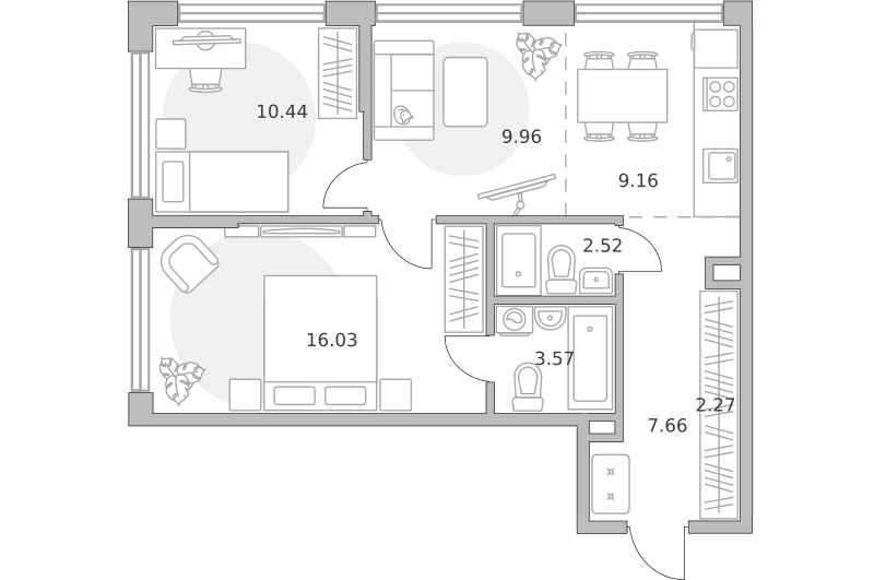 3-комнатные апартаменты 61 м2, 22-й этаж