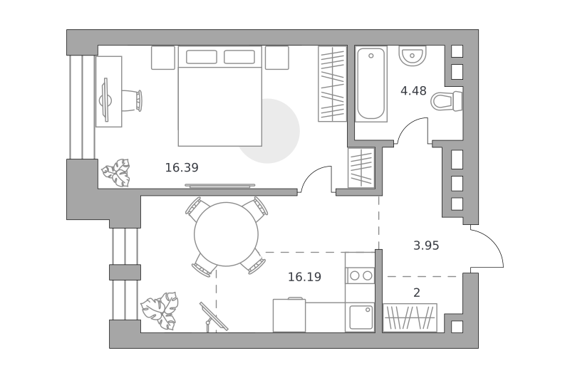 1-комнатные апартаменты 43 м2, 21-й этаж