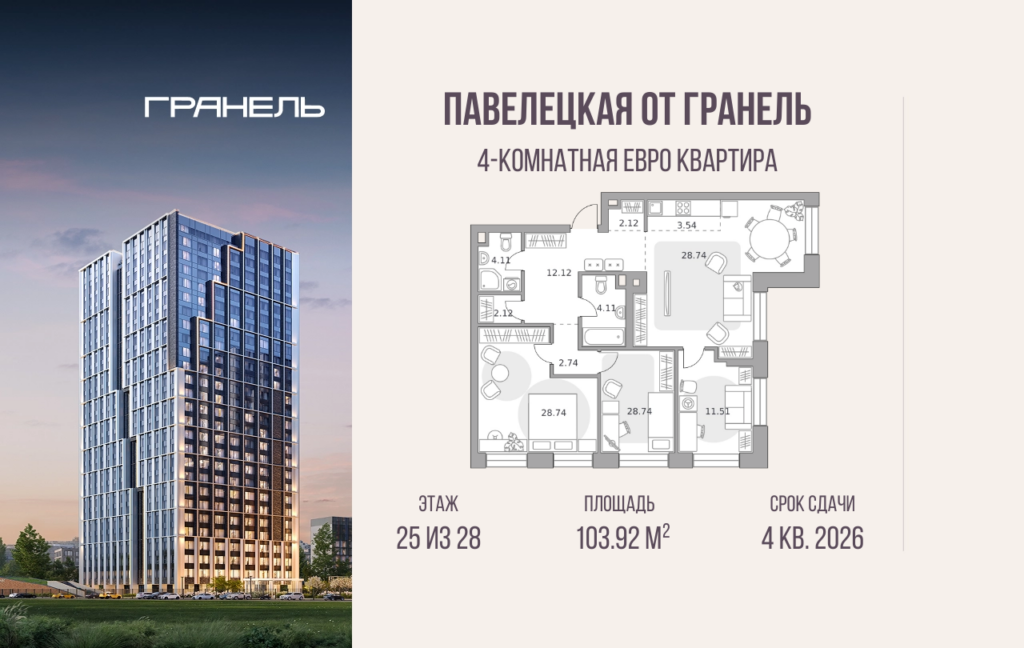 4-комнатные апартаменты 103 м2, 25-й этаж