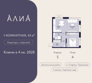 1-комнатная квартира 43 м2, 4-й этаж
