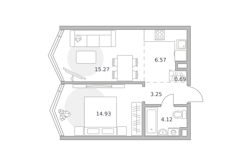 1-комнатные апартаменты 44 м2, 24-й этаж