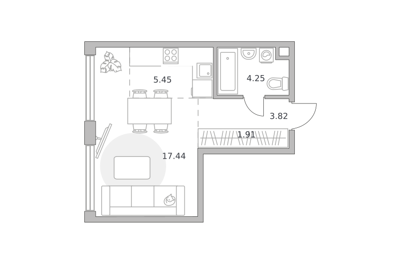 1-комнатные апартаменты 32 м2, 27-й этаж