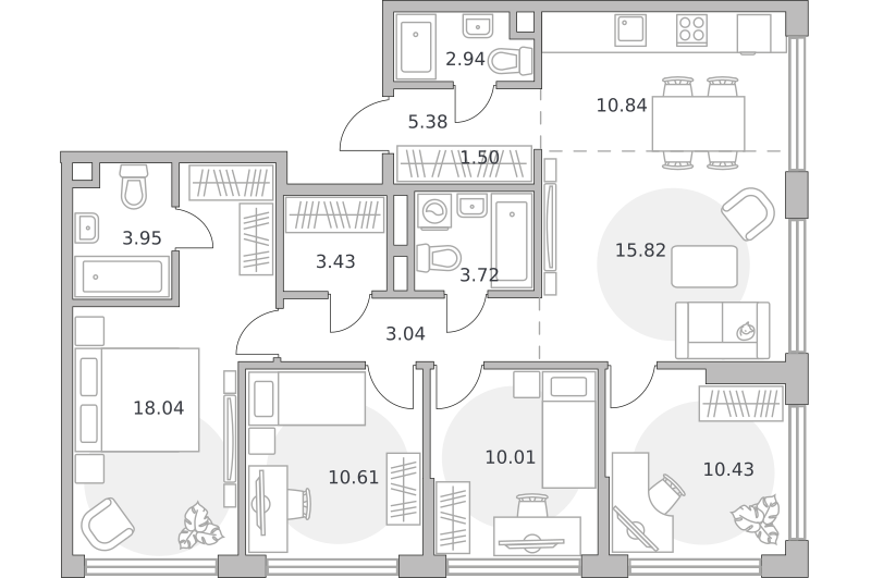5-комнатные апартаменты 99 м2, 27-й этаж