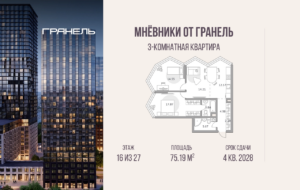 3-комнатные апартаменты 75 м2, 16-й этаж