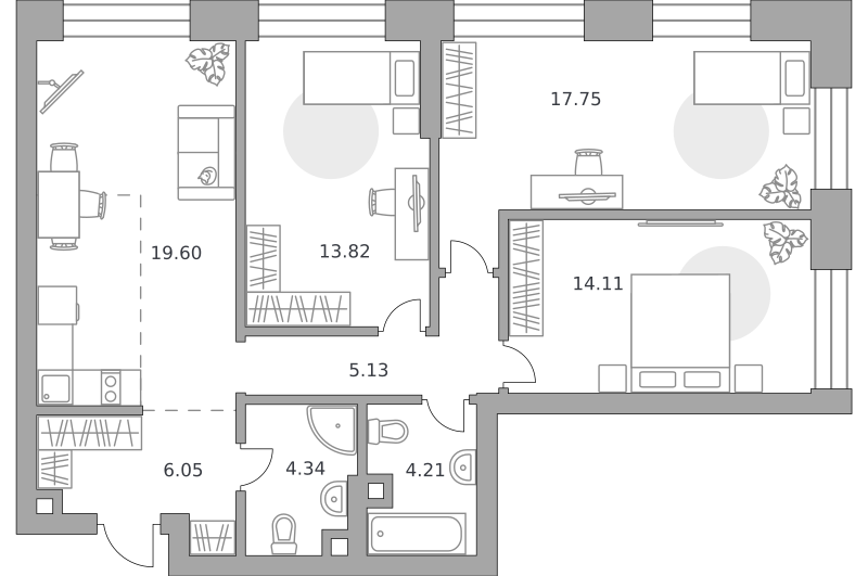 3-комнатные апартаменты 85 м2, 6-й этаж