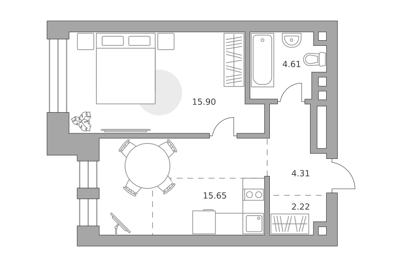 1-комнатные апартаменты 42 м2, 20-й этаж
