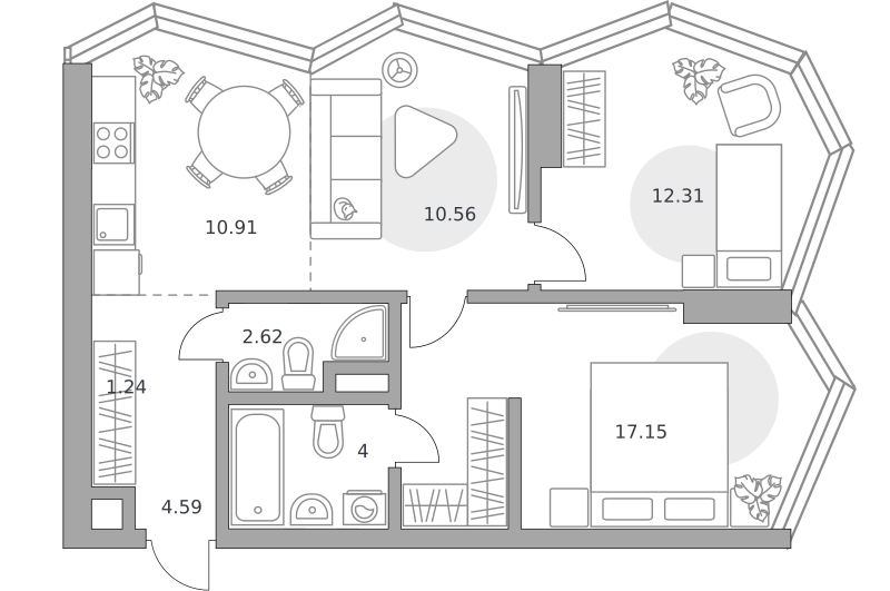 3-комнатные апартаменты 63 м2, 37-й этаж