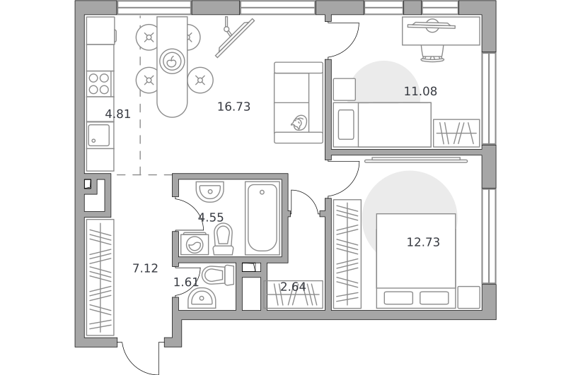 3-комнатные апартаменты 61 м2, 13-й этаж
