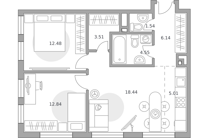 3-комнатные апартаменты 64 м2, 4-й этаж