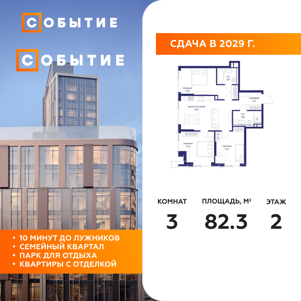 3-комнатная квартира 82.3 м2, 2-й этаж